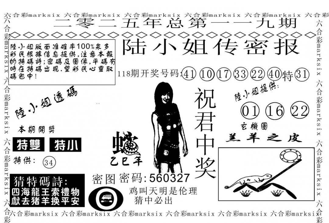 六合彩119期陆小姐传密A(黑白)
