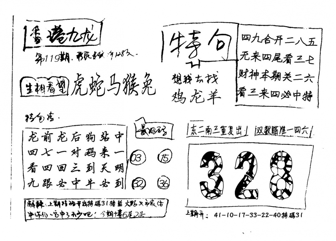 六合彩119期香港九龙(新图)手写(黑白)