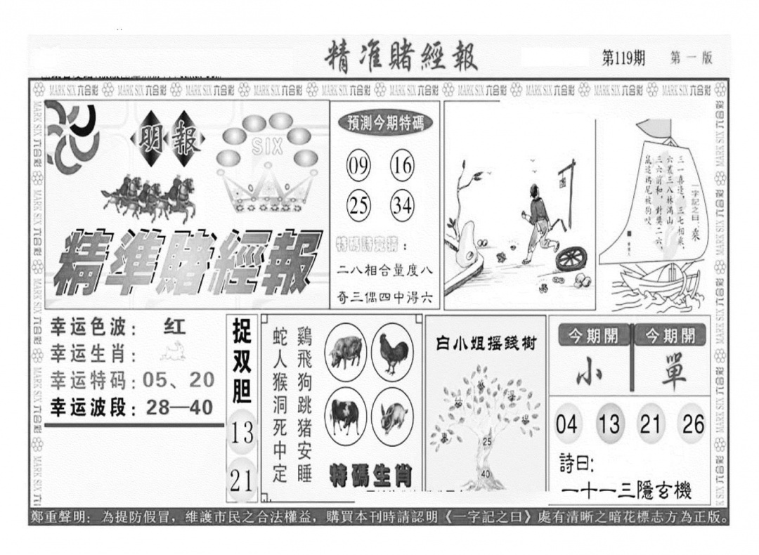 六合彩119期精准赌经报A（新图）(黑白)