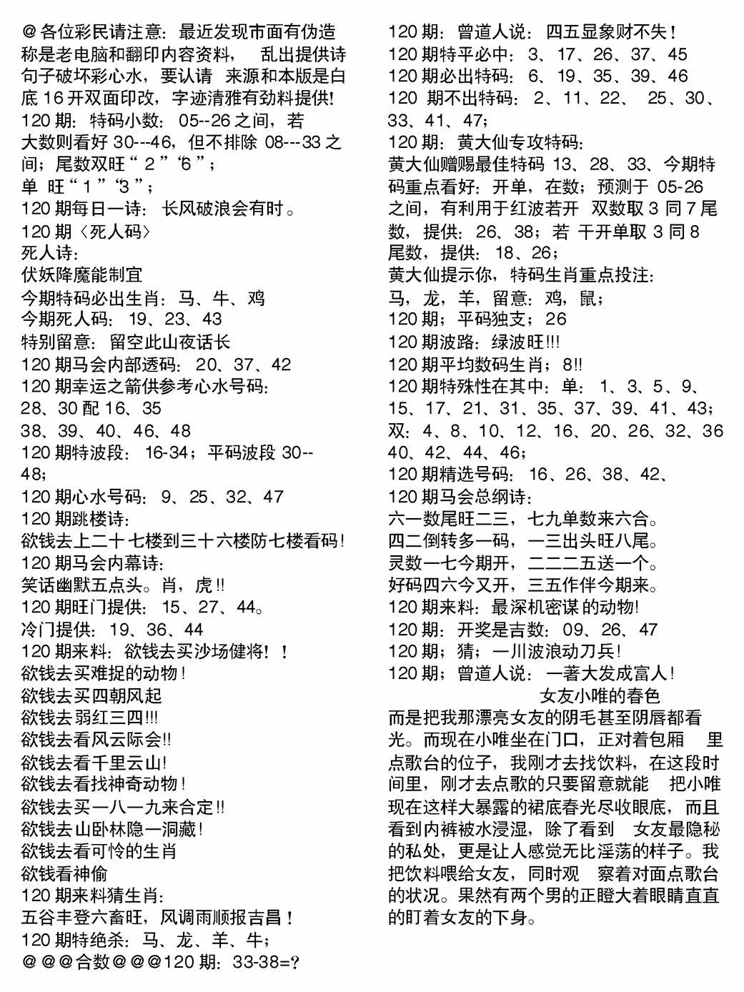 六合彩120期当日电脑综合资料B(黑白)