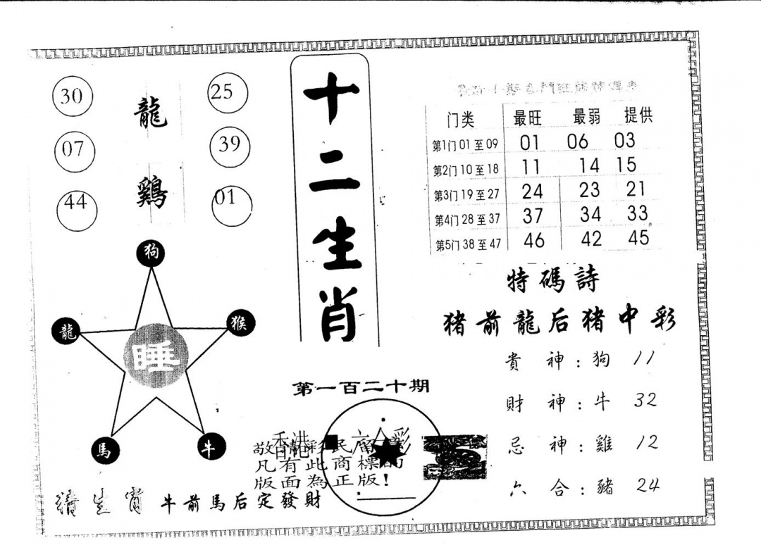六合彩120期另版十二生肖(黑白)