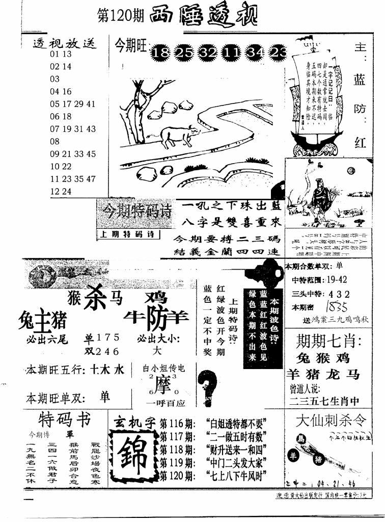 六合彩120期广东西陲透视(新报)(黑白)