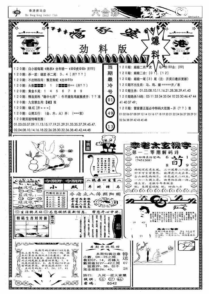 六合彩120期管家婆劲料版(另)(黑白)