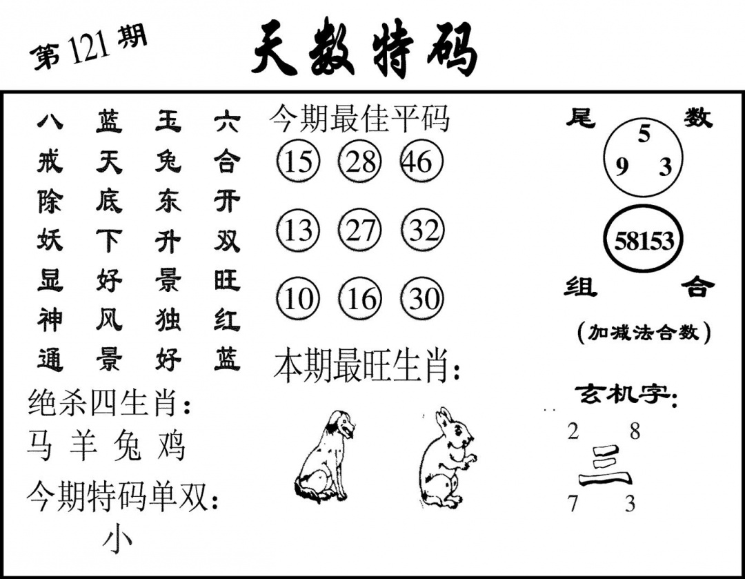 六合彩121期天数特码(黑白)