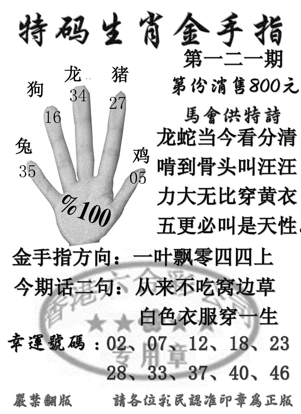 六合彩121期特码金手指(黑白)