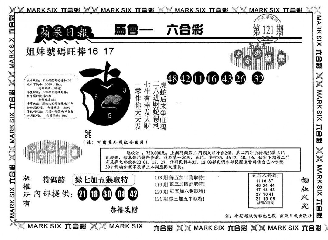 六合彩121期苹果日报B(黑白)