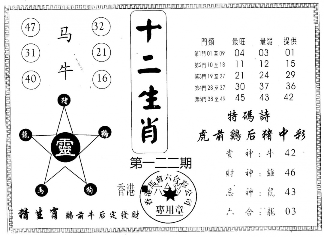 六合彩122期十二生肖(黑白)