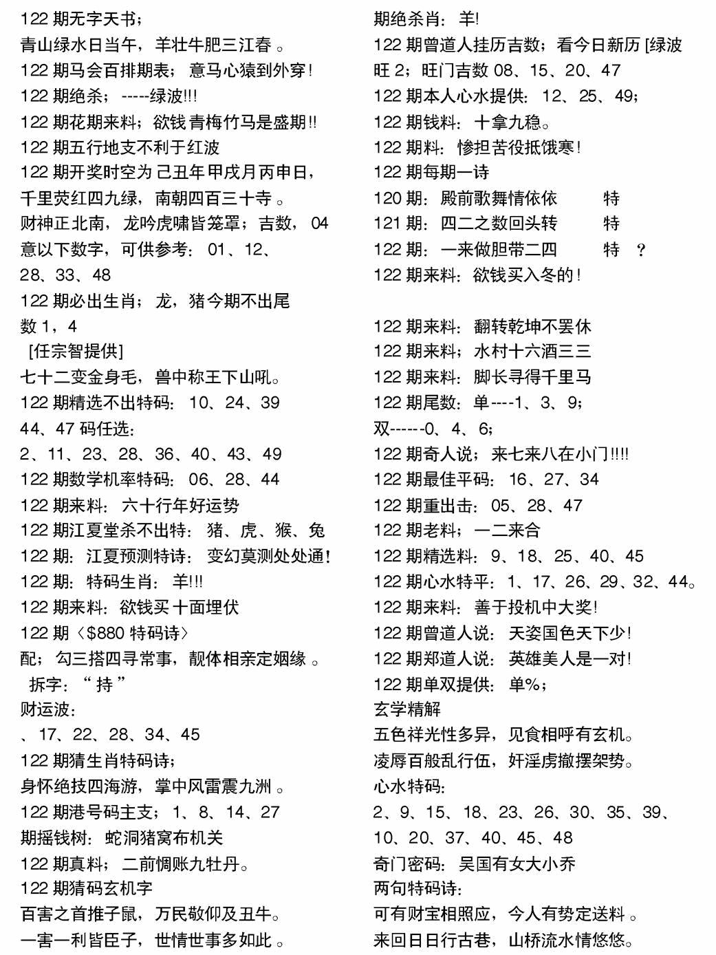 六合彩122期当日电脑综合资料A(黑白)