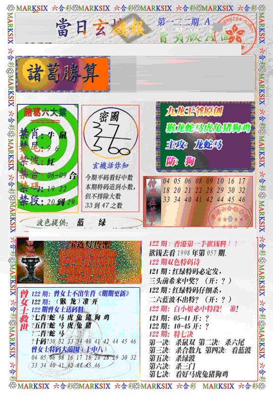 六合彩122期当日特码玄机A(新)(黑白)