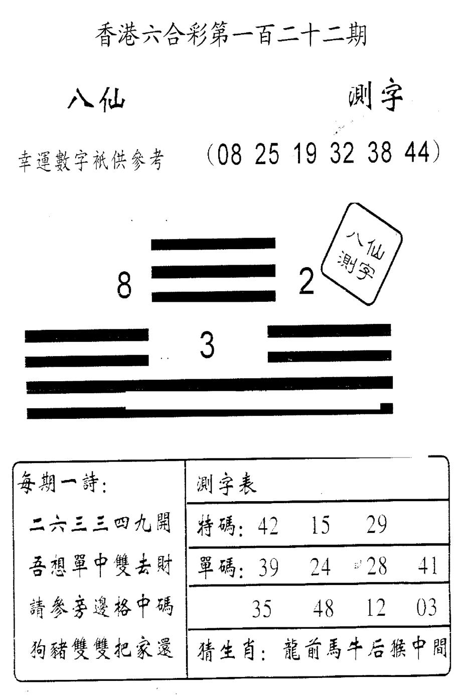 六合彩122期另版八仙测字(黑白)