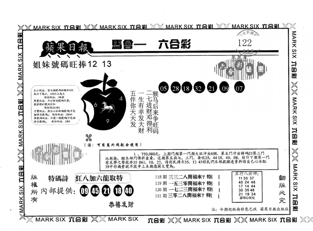 六合彩122期苹果日报A(黑白)