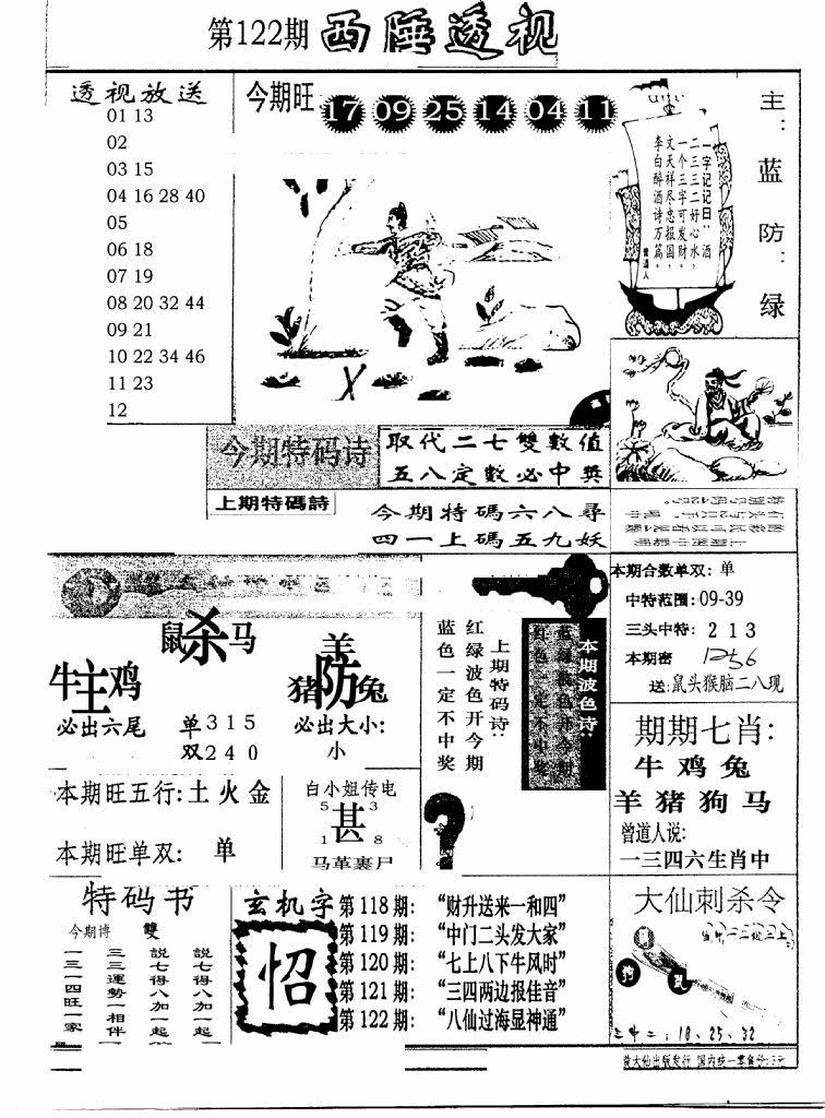 六合彩122期广东西陲透视(新报)(黑白)