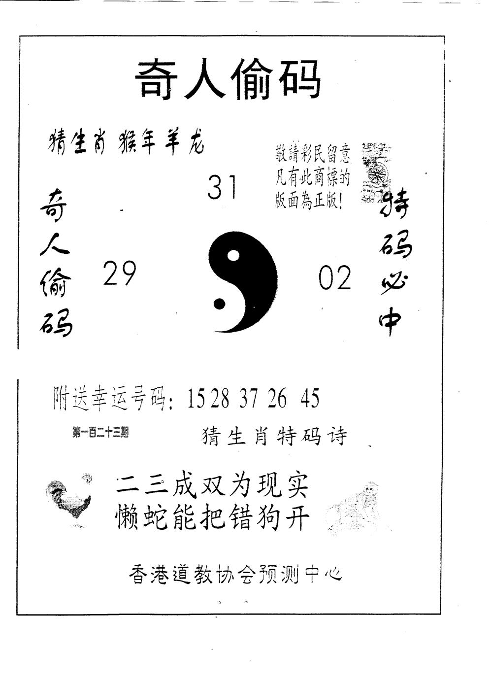 六合彩123期奇人偷码B(黑白)