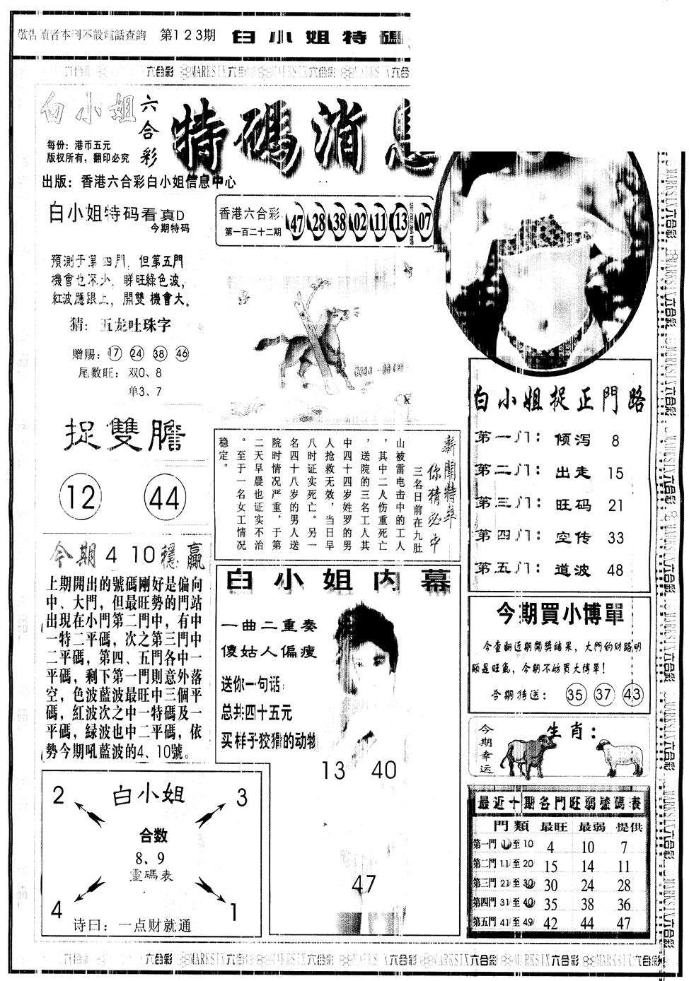 六合彩123期另版白姐特码消息A(黑白)