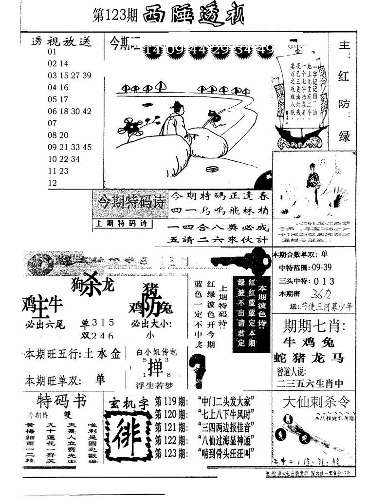 六合彩123期广东西陲透视(新报)(黑白)