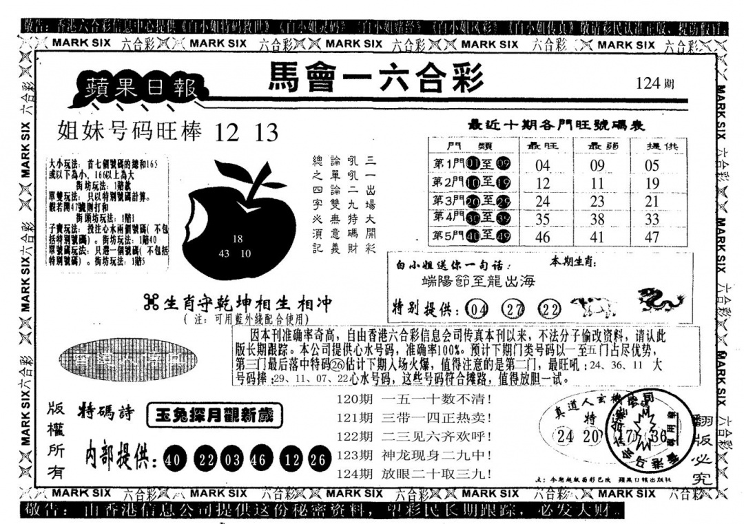 六合彩124期苹果日报(黑白)