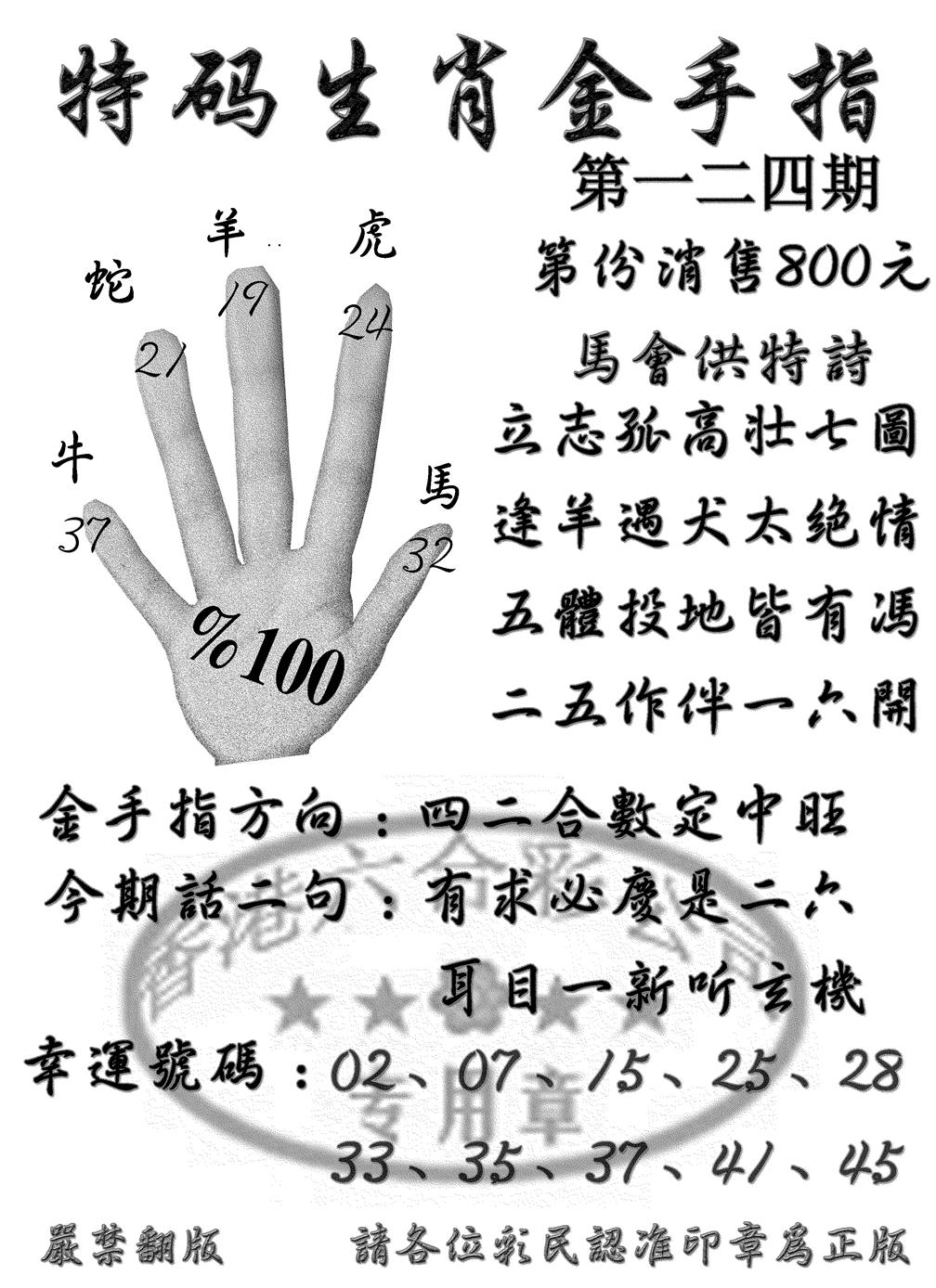 六合彩124期特码金手指(黑白)