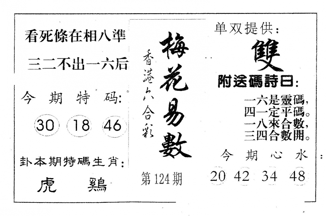 六合彩124期梅花易数(黑白)