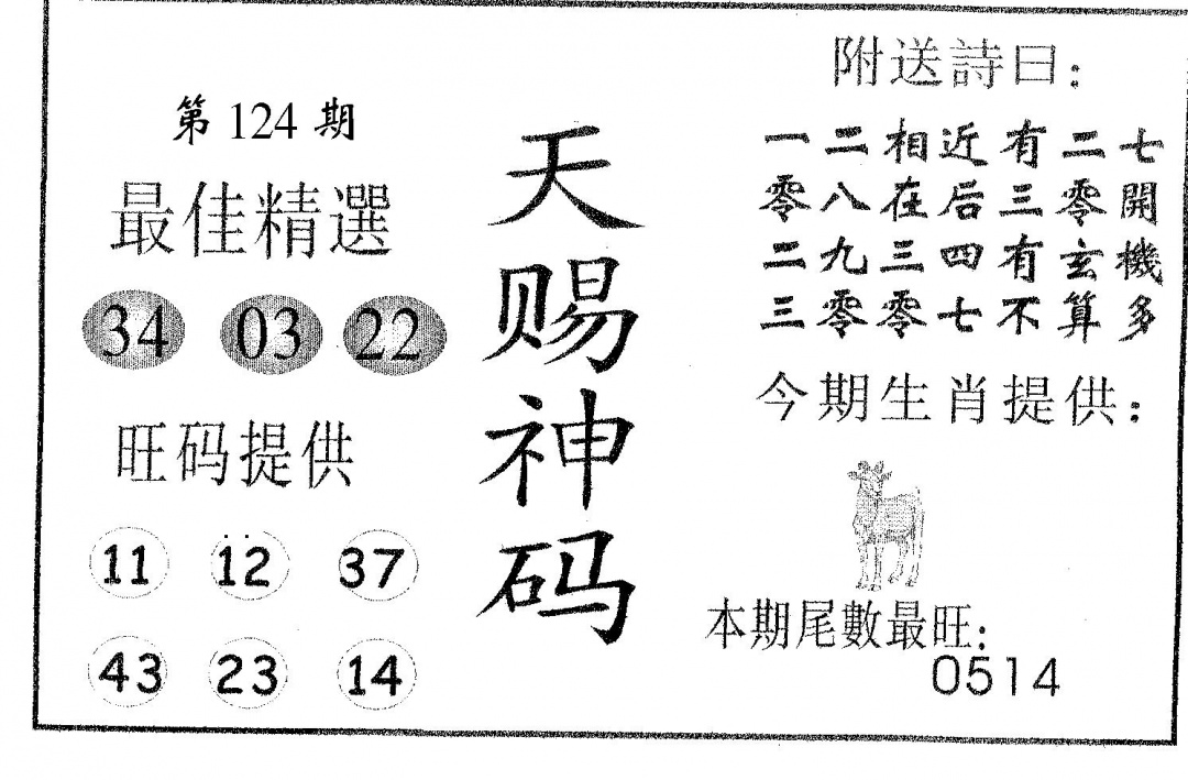 六合彩124期天赐神码(黑白)
