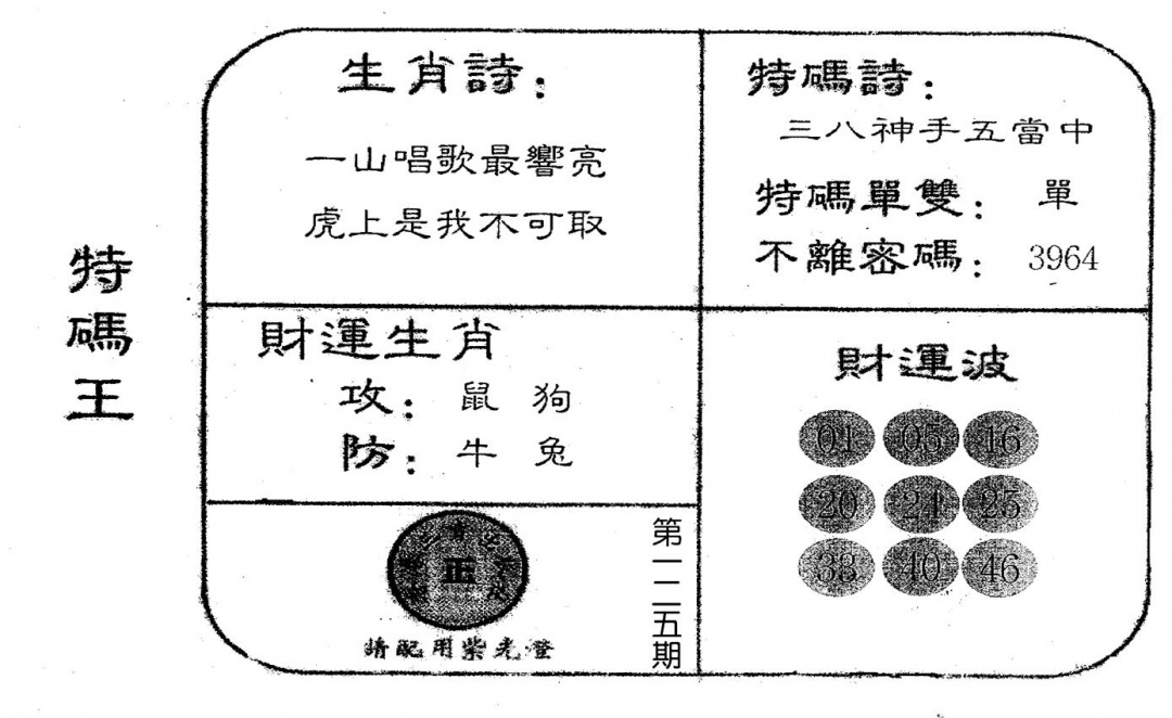 六合彩125期老版特码王(黑白)