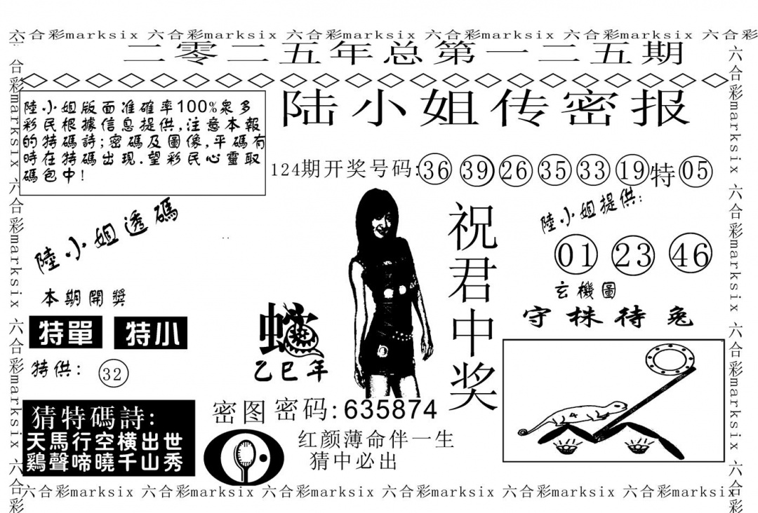 六合彩125期陆小姐传密A(黑白)