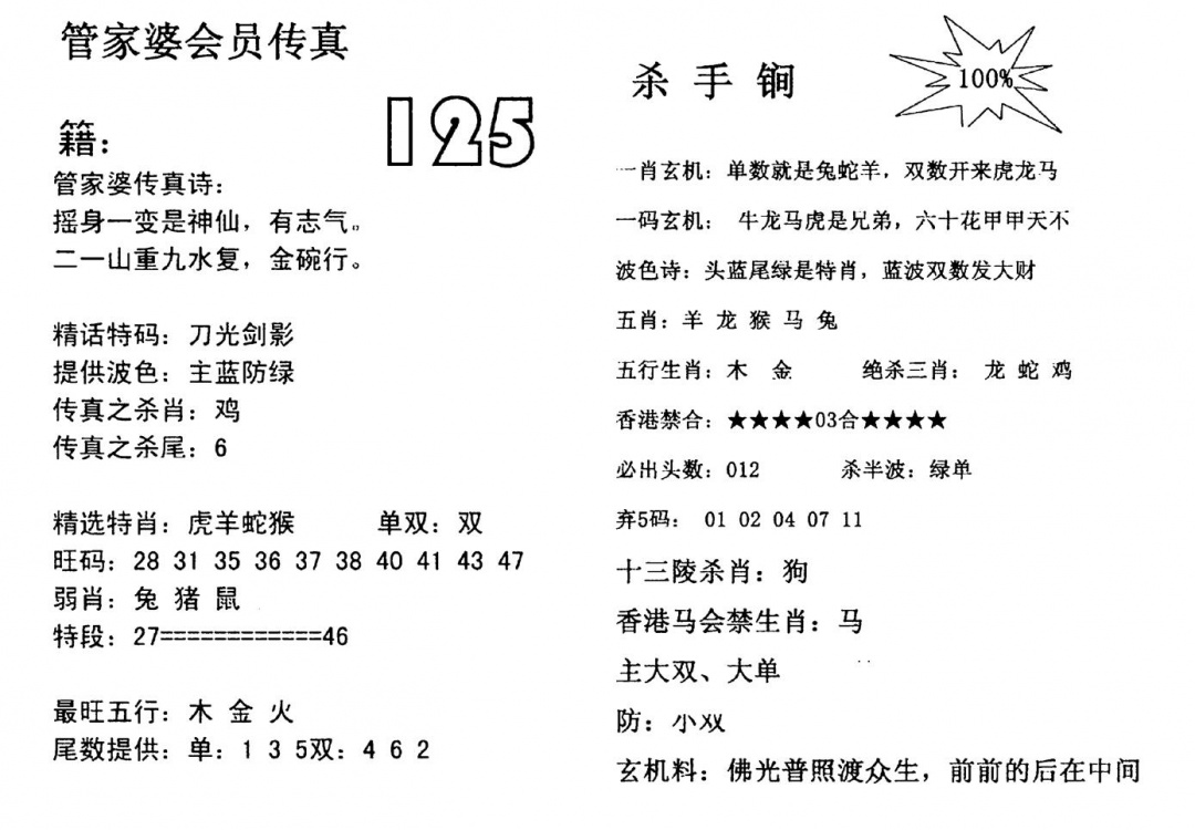 六合彩125期管家婆会员传真(黑白)