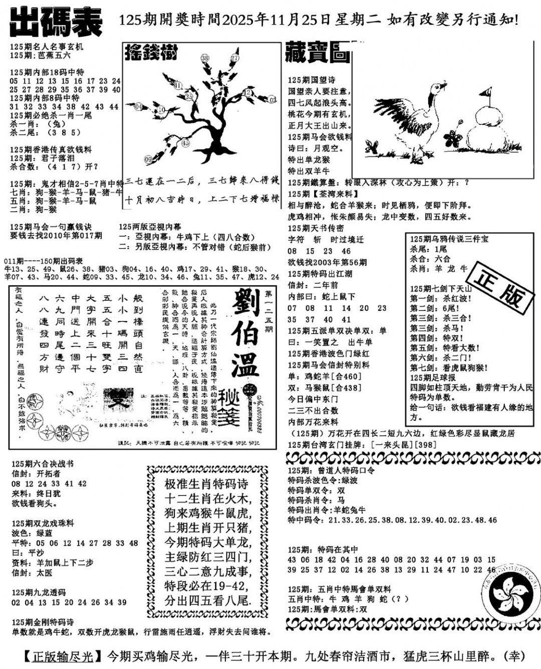 六合彩125期出码表(新料)(黑白)