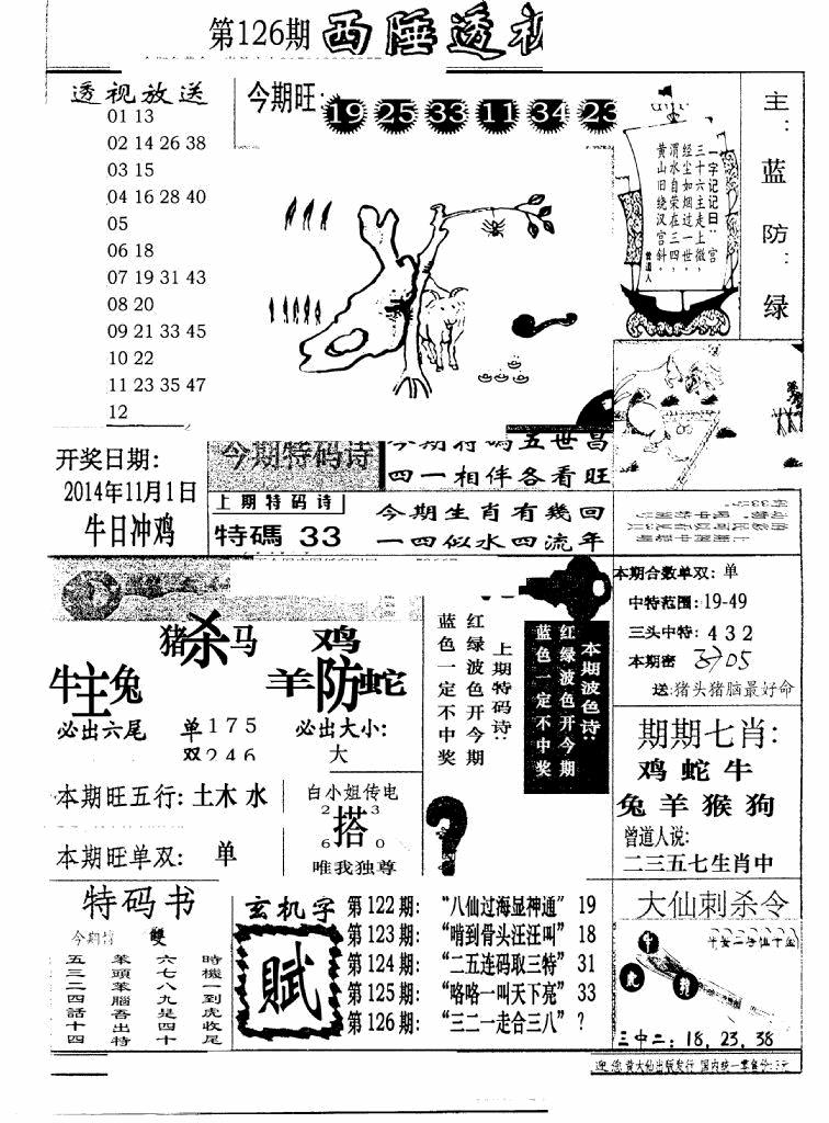 六合彩126期广东西陲透视(新报)(黑白)