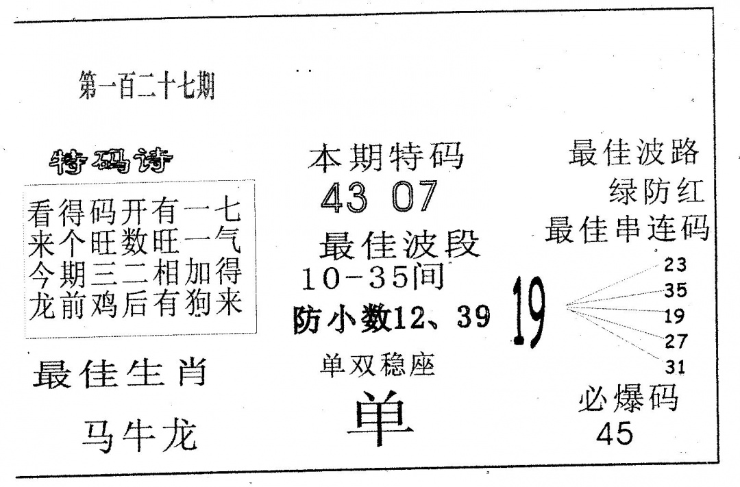 六合彩127期六合赌神(黑白)
