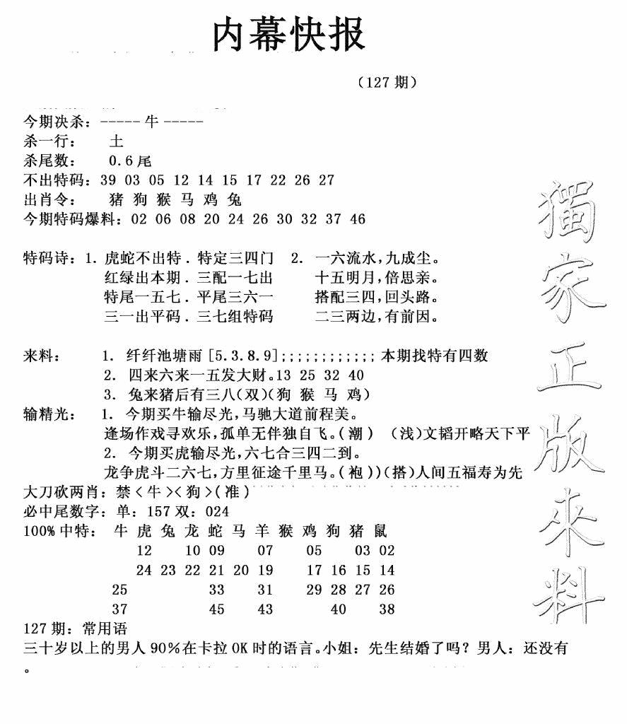 六合彩127期内幕快报(新图)(黑白)