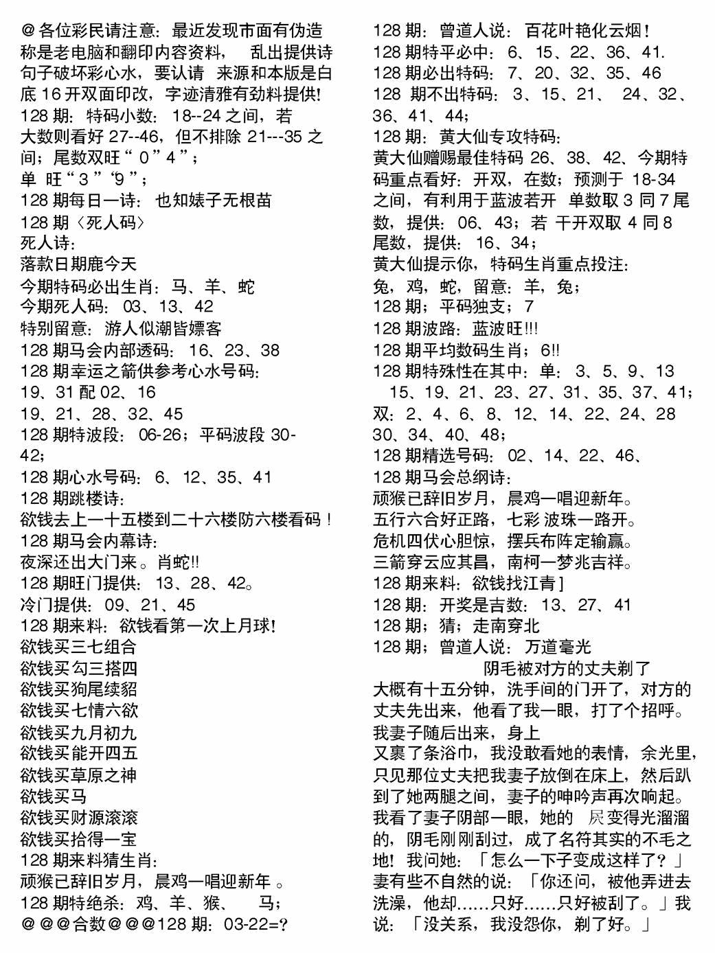 六合彩128期当日电脑综合资料B(黑白)