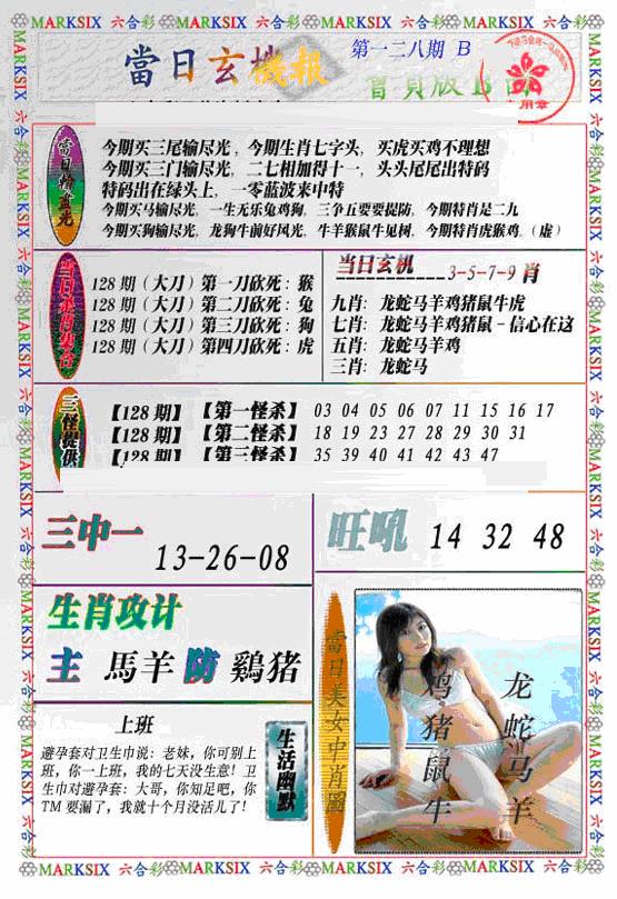 六合彩128期当日特码玄机B(新)(黑白)