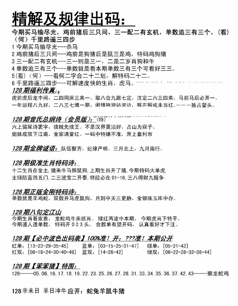 六合彩128期精解及规律出码图(黑白)