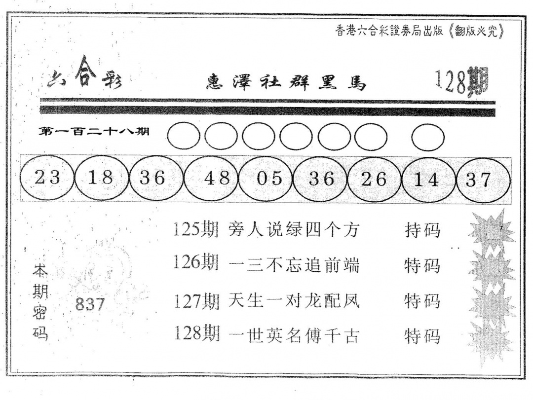 六合彩128期黑马(黑白)