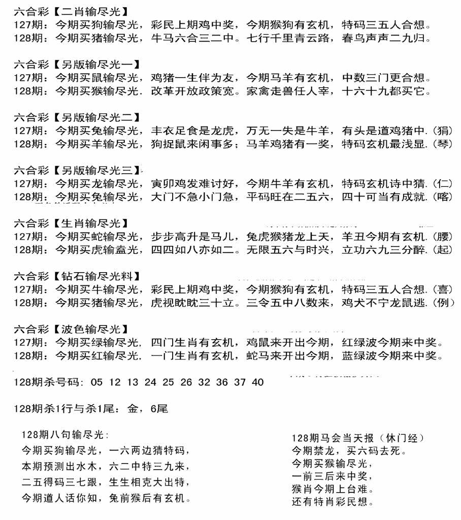 六合彩128期输光料(黑白)