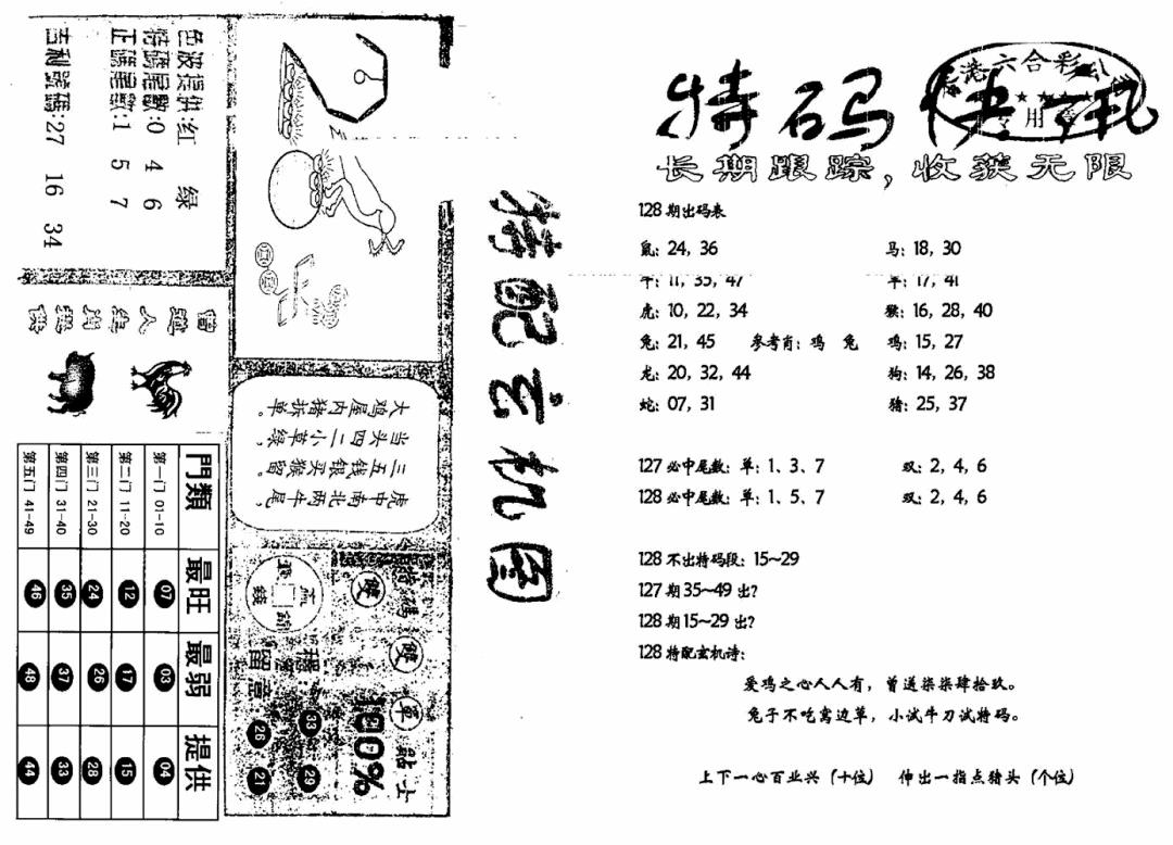 六合彩128期特快快讯+玄机图(新)(黑白)