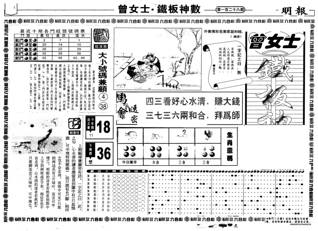 六合彩128期另版曾铁板神数A(黑白)