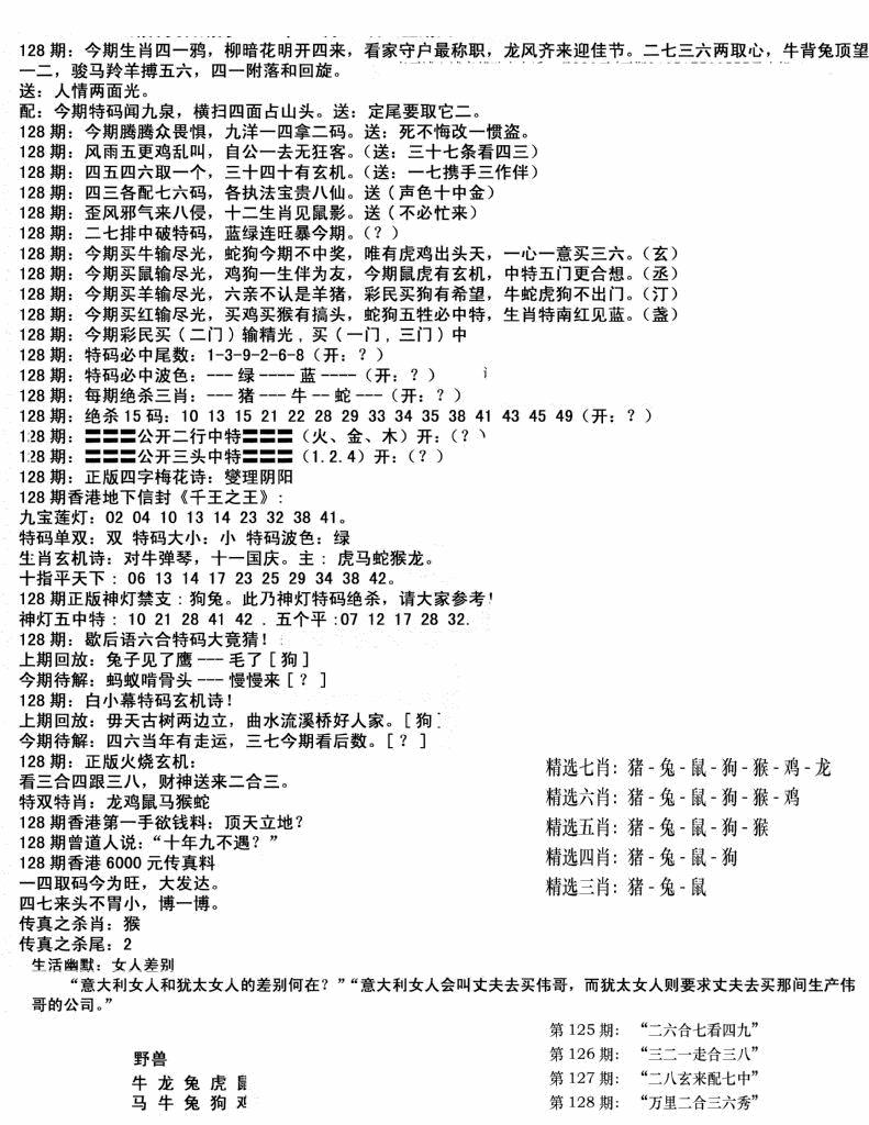 六合彩128期独家正版福利传真(新料)B(黑白)