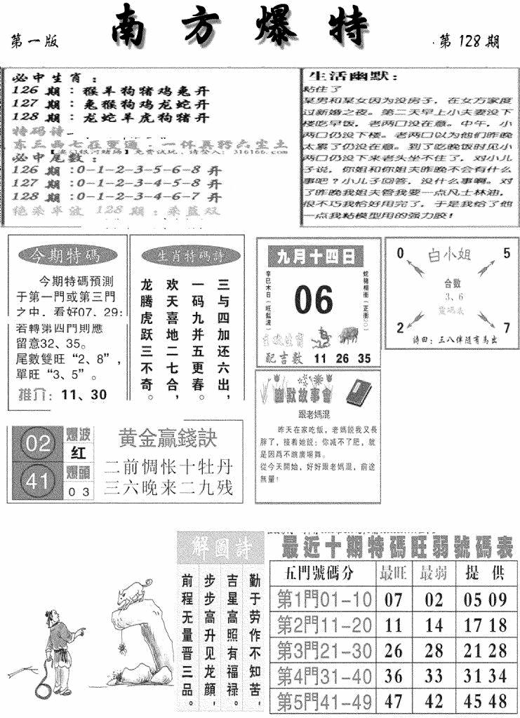 六合彩128期南方爆特A(新图)(黑白)