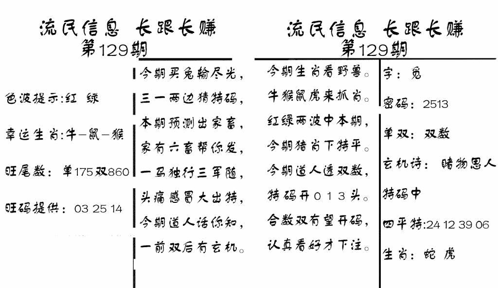 六合彩129期流民信息(黑白)