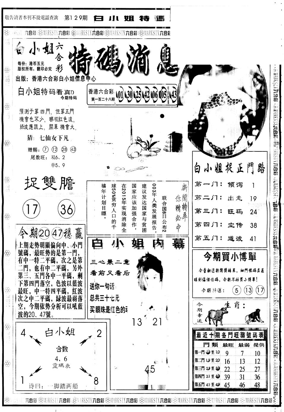 六合彩129期另版白姐特码消息A(黑白)