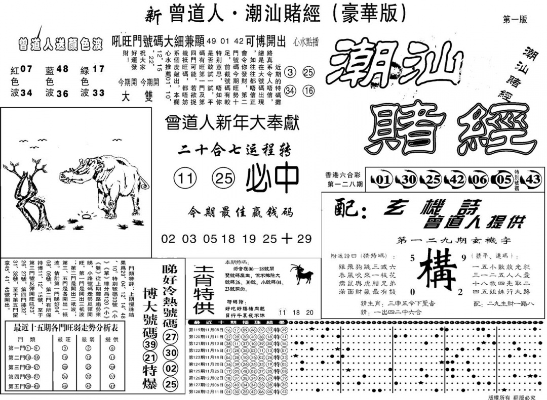 六合彩129期另潮汕赌经濠华版A(黑白)