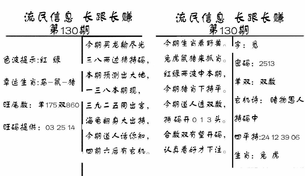 六合彩130期流民信息(黑白)