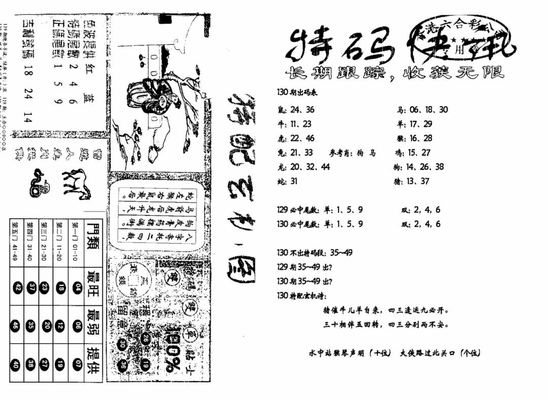 六合彩130期特快快讯+玄机图(新)(黑白)