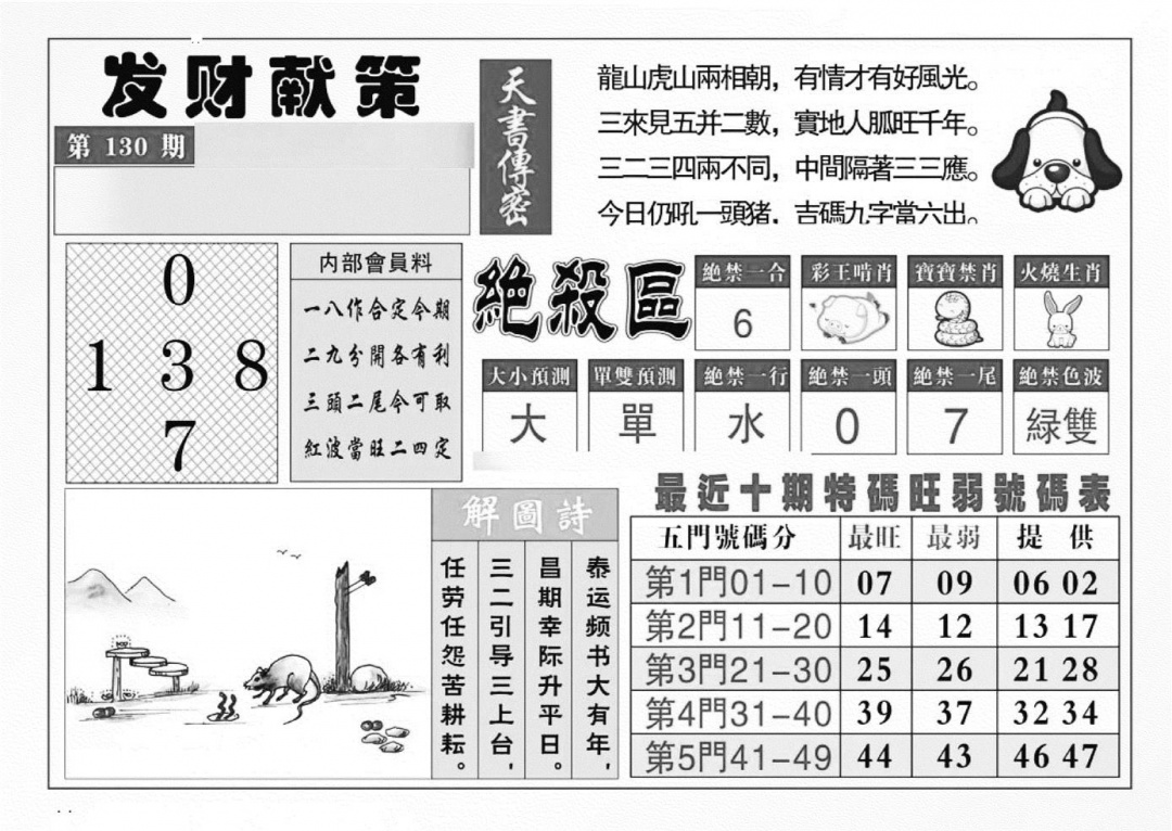 六合彩130期发财献策(特准)(黑白)