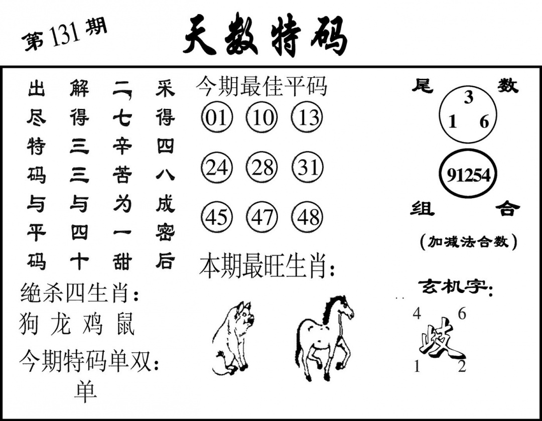 六合彩131期天数特码(黑白)