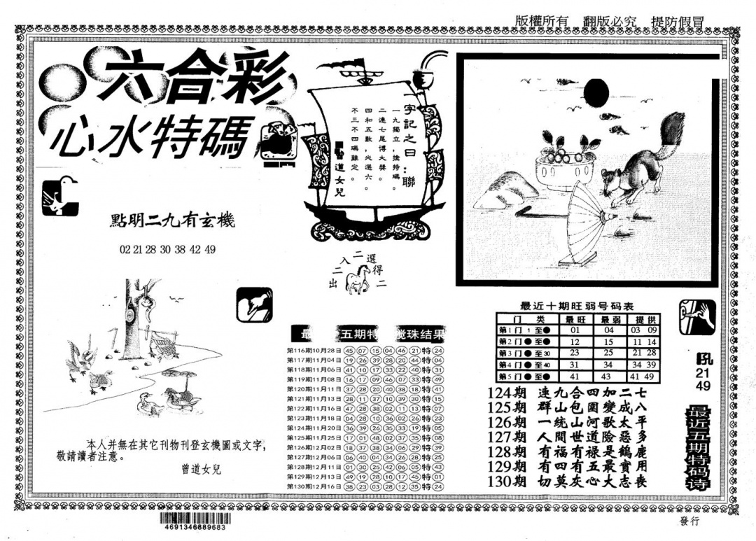 六合彩131期另版心水特码(黑白)