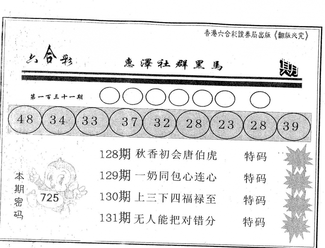 六合彩131期黑马(黑白)