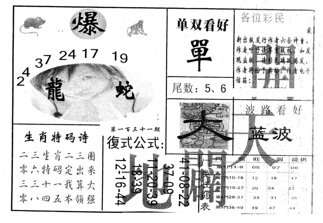 六合彩131期开天辟地(黑白)