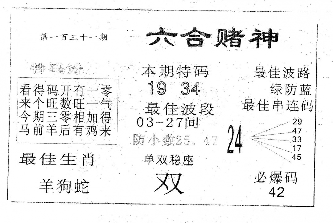 六合彩131期六合赌神(黑白)